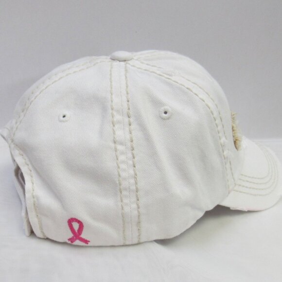 White Vintage Distressed Baseball Hat Cap Breast Cancer Awareness Believe Ribbon - Picture 4 of 4